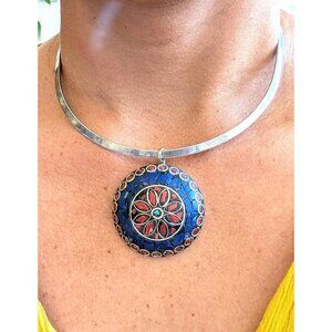 Vtg Mosaic Multicolor Pendant & Torque necklace Handmade Ethnic Bohemian tribal